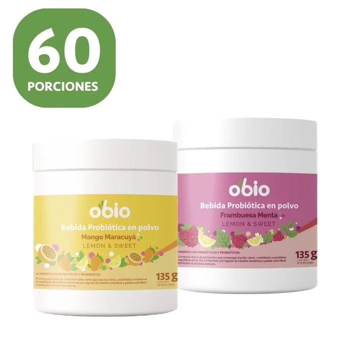 2-Pack Probióticos + Fibra Prebiótica OBIO: Dúo Sabores (60+15 Porciones)