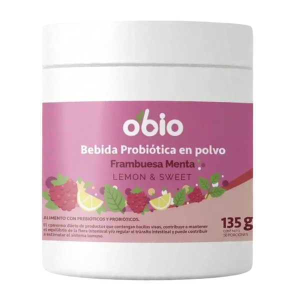 Probióticos + Fibra Prebiótica OBIO: Sabor Frambuesa Menta (30 Porciones)