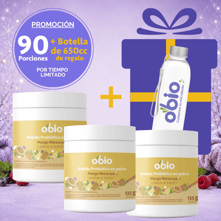 3-Pack Probióticos + Fibra Prebiótica OBIO: Mango Maracuyá (90 Porciones+Botella)