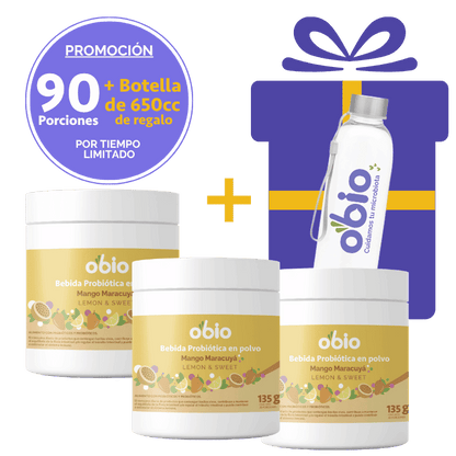 3-Pack Probióticos + Fibra Prebiótica OBIO: Mango Maracuyá (90 Porciones+Botella)