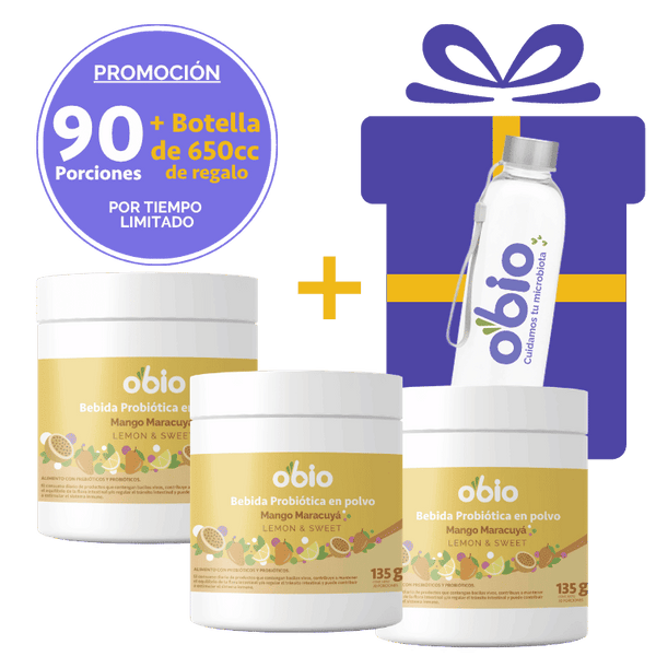 3-Pack Probióticos + Fibra Prebiótica OBIO: Mango Maracuyá (90 Porciones+Botella)
