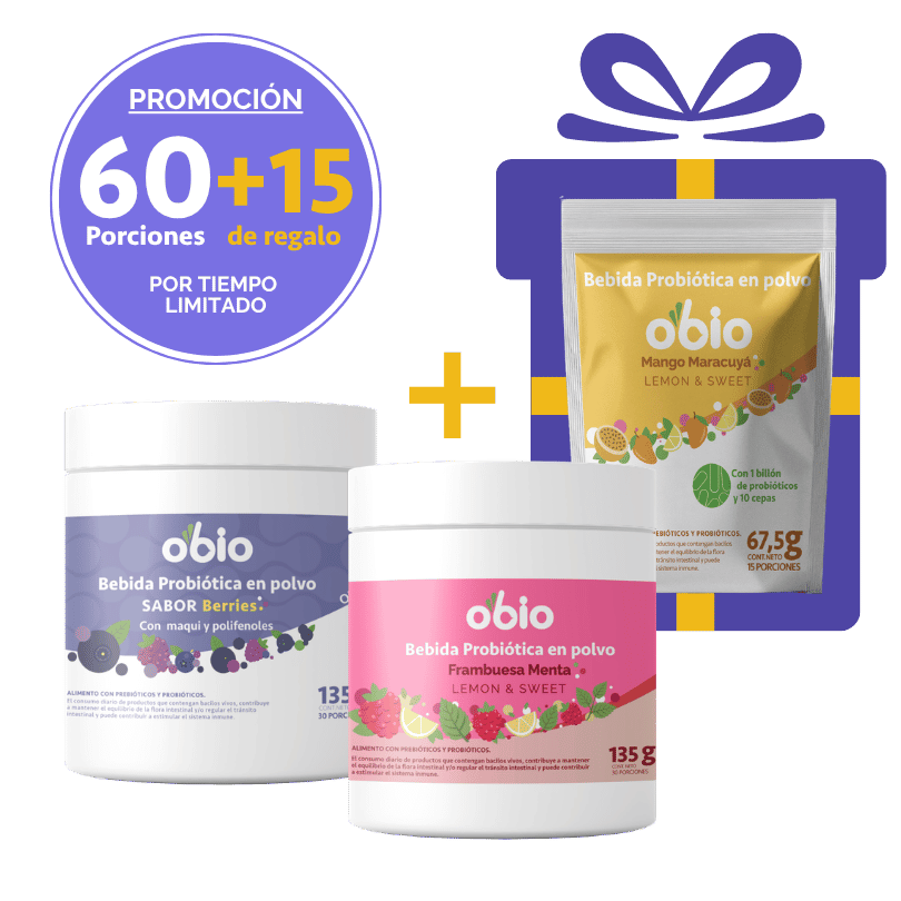 2-Pack Probióticos + Fibra Prebiótica OBIO: Dúo Berries (60+15 Porciones)
