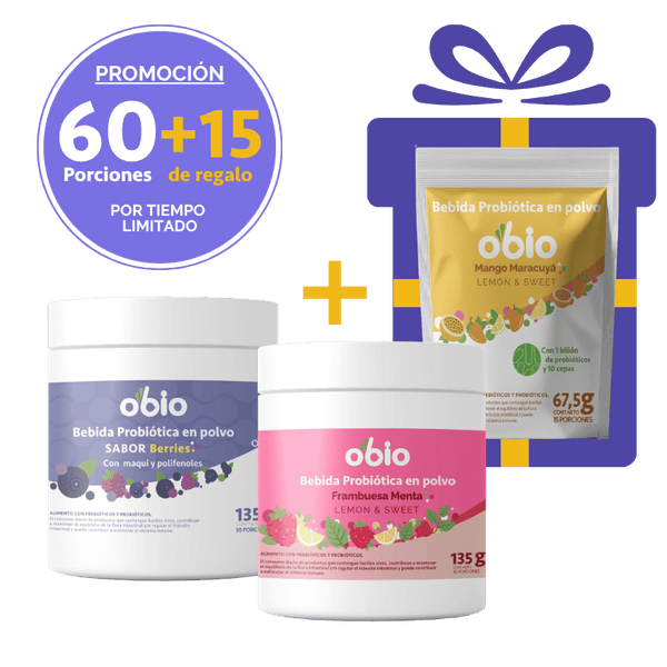 2-Pack Probióticos + Fibra Prebiótica OBIO: Dúo Berries (60+15 Porciones)