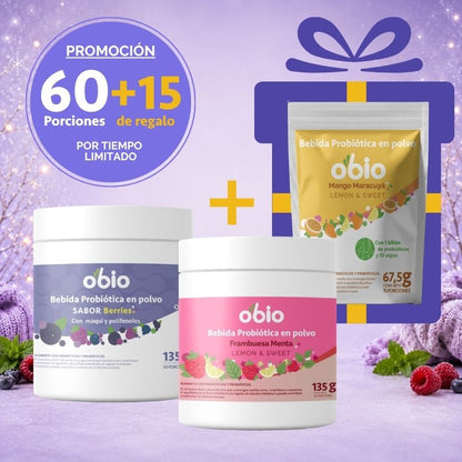 2-Pack Probióticos + Fibra Prebiótica OBIO: Dúo Berries (60+15 Porciones)