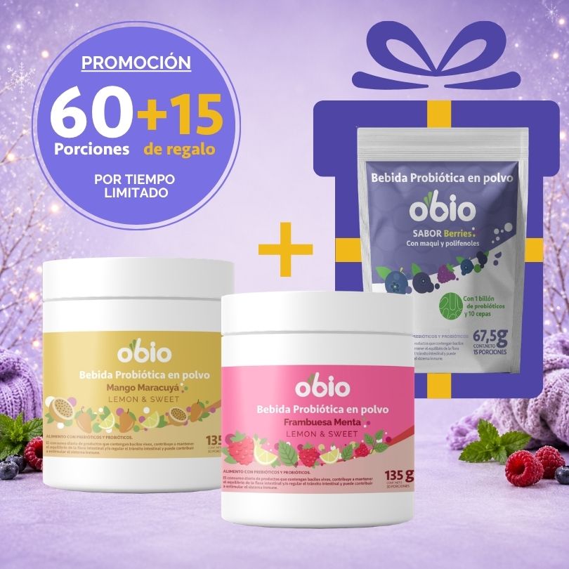 2-Pack Probióticos + Fibra Prebiótica OBIO: Dúo Sabores (60+15 Porciones)