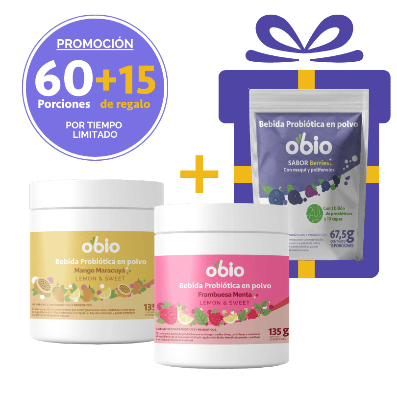 2-Pack Probióticos + Fibra Prebiótica OBIO: Dúo Sabores (60+15 Porciones)