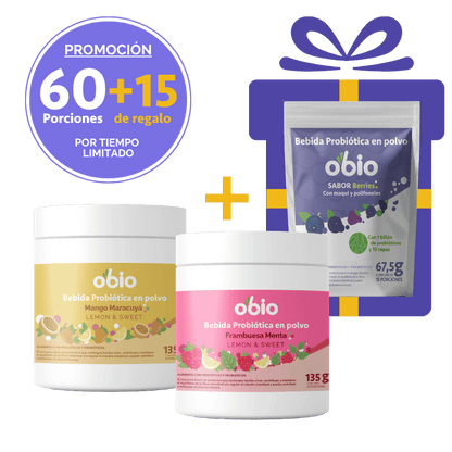 2-Pack Probióticos + Fibra Prebiótica OBIO: Dúo Sabores (60+15 Porciones)