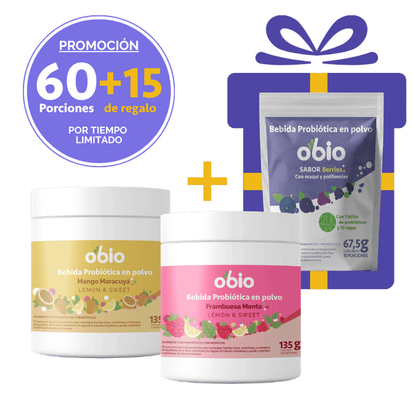 2-Pack Probióticos + Fibra Prebiótica OBIO: Dúo Sabores (60+15 Porciones)