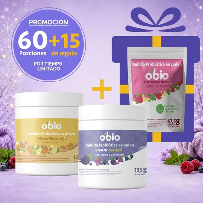 2-Pack Probióticos + Fibra Prebiótica OBIO: Berries & Tropical (60+15 Porciones)