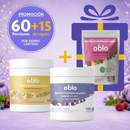 2-Pack Probióticos + Fibra Prebiótica OBIO: Berries & Tropical (60+15 Porciones)