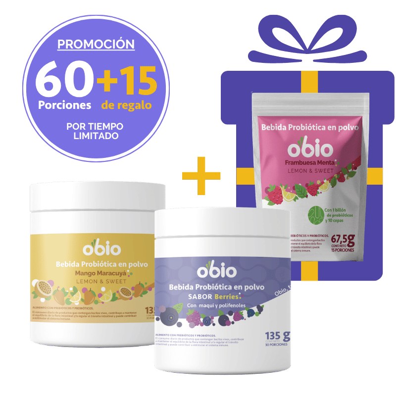 2-Pack Probióticos + Fibra Prebiótica OBIO: Berries & Tropical (60+15 Porciones)