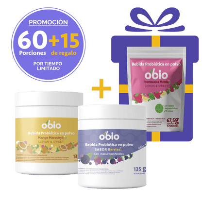 2-Pack Probióticos + Fibra Prebiótica OBIO: Berries & Tropical (60+15 Porciones)