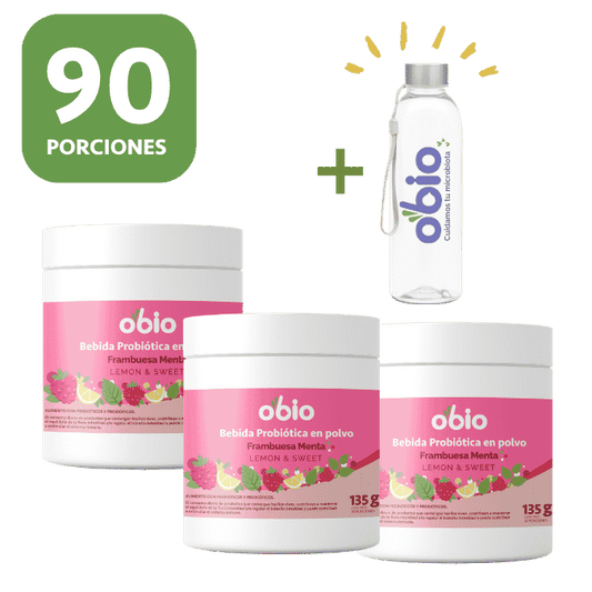 3-Pack Probióticos + Fibra Prebiótica OBIO: Frambuesa Menta (90 Porciones)