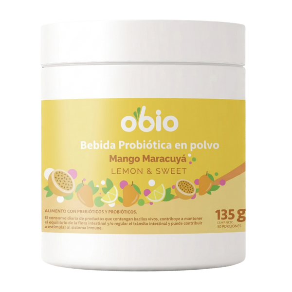 Probióticos + Fibra Prebiótica OBIO: Sabor Mango Maracuyá (30 Porciones)