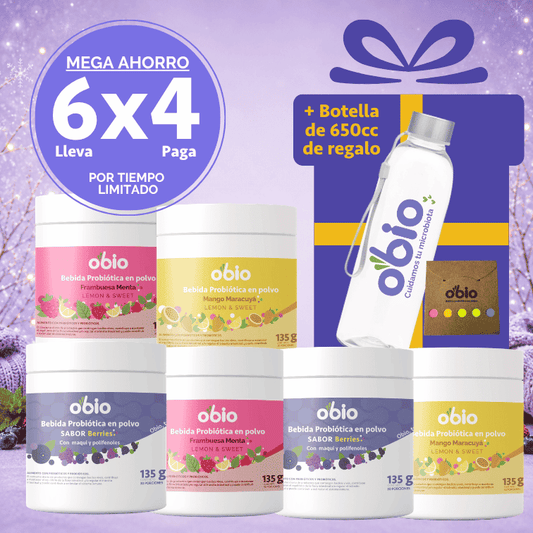 Plan 6 Meses Probióticos + Fibra Prebiótica OBIO (180 Porciones+Botella)