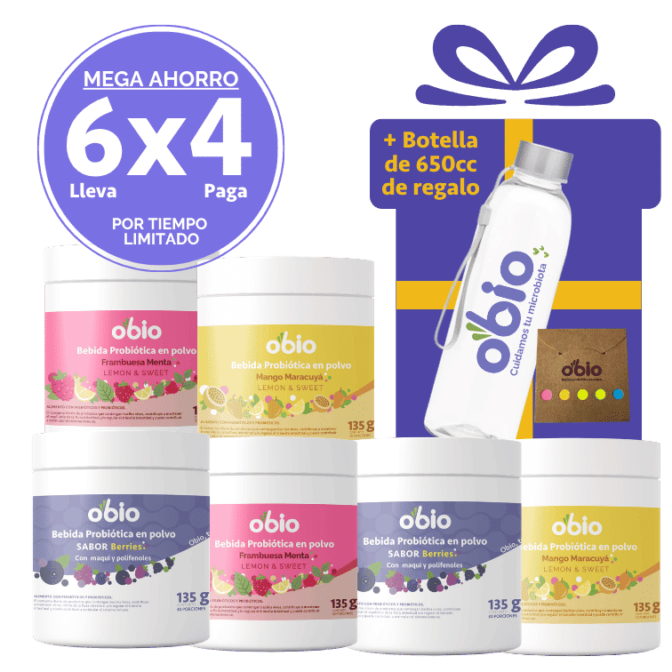 Plan 6 Meses Probióticos + Fibra Prebiótica OBIO (180 Porciones+Botella)