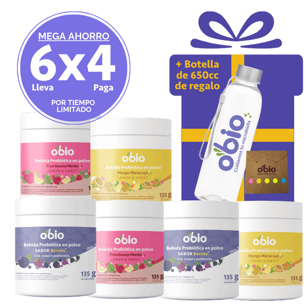 Plan 6 Meses Probióticos + Fibra Prebiótica OBIO (180 Porciones+Botella)