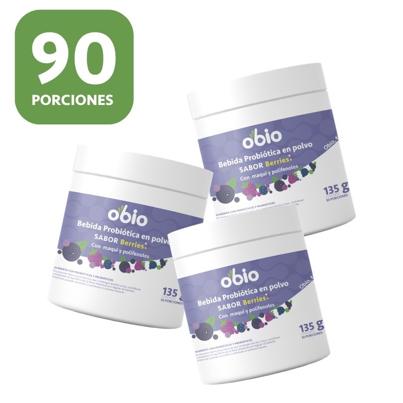 3-Pack Probióticos + Fibra Prebiótica OBIO: Berries Maqui (90 Porciones)