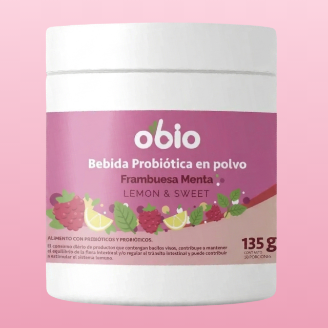 Probióticos + Fibra Prebiótica OBIO: Sabor Frambuesa Menta (30 Porciones)