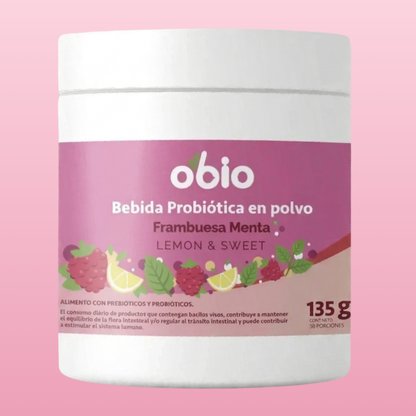 Probióticos + Fibra Prebiótica OBIO: Sabor Frambuesa Menta (30 Porciones)