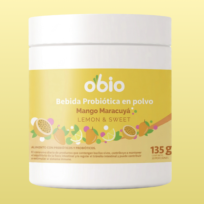Probióticos + Fibra Prebiótica OBIO: Sabor Mango Maracuyá (30 Porciones)