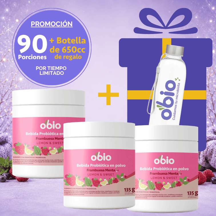 3-Pack Probióticos + Fibra Prebiótica OBIO: Frambuesa Menta (90 Porciones+Botella)