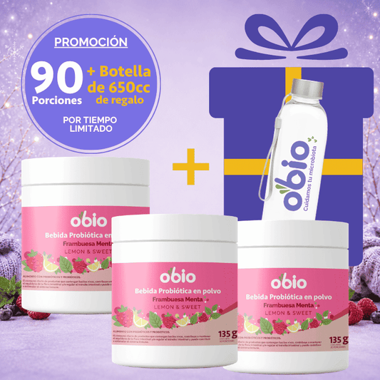 3-Pack Probióticos + Fibra Prebiótica OBIO: Frambuesa Menta (90 Porciones+Botella)