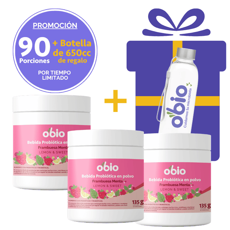 3-Pack Probióticos + Fibra Prebiótica OBIO: Frambuesa Menta (90 Porciones+Botella)