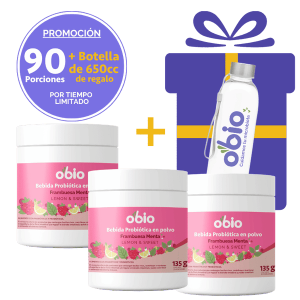 3-Pack Probióticos + Fibra Prebiótica OBIO: Frambuesa Menta (90 Porciones+Botella)
