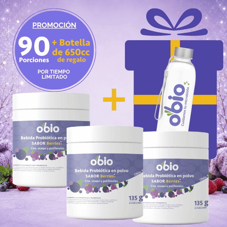 3-Pack Probióticos + Fibra Prebiótica OBIO: Berries Maqui (90 Porciones+Botella)