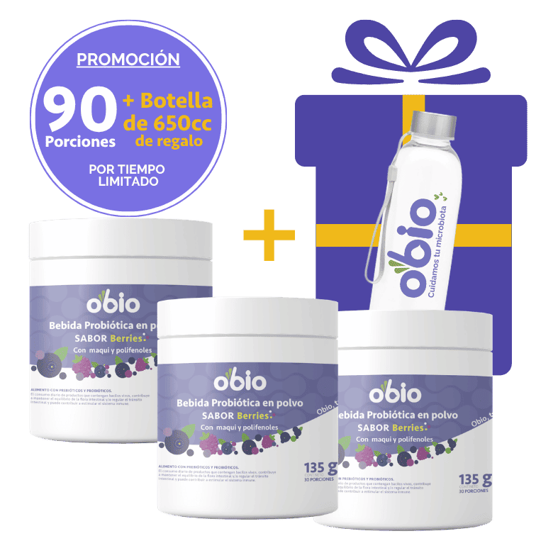 3-Pack Probióticos + Fibra Prebiótica OBIO: Berries Maqui (90 Porciones+Botella)