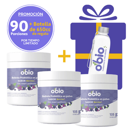 3-Pack Probióticos + Fibra Prebiótica OBIO: Berries Maqui (90 Porciones+Botella)