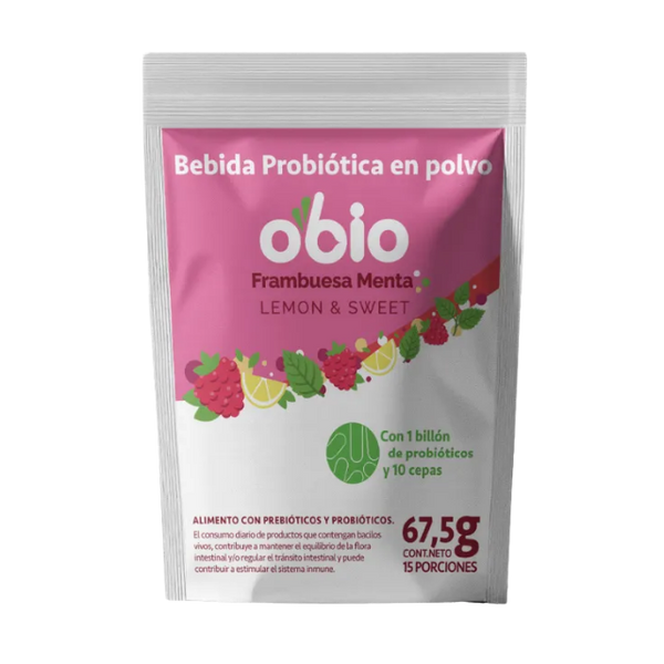 Probióticos + Fibra Prebiótica OBIO: Sabor Frambuesa Menta (15 Porciones)