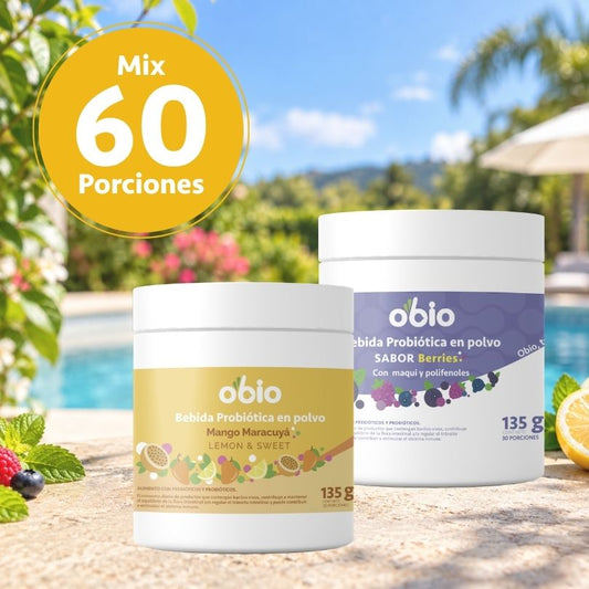 2-Pack Probióticos + Fibra Prebiótica OBIO: Berries & Tropical (60 Porciones)