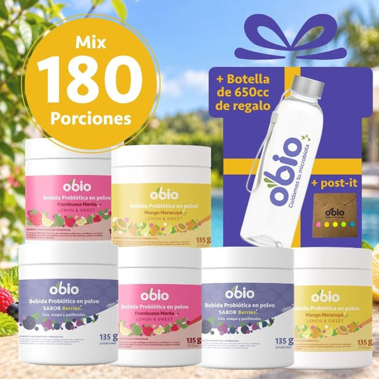 Plan 6 Meses Probióticos + Fibra Prebiótica OBIO (180 Porciones+Botella)