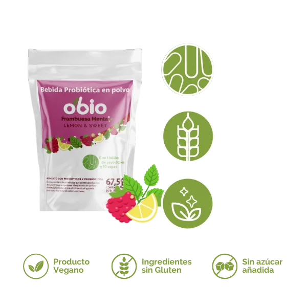 Probióticos + Fibra Prebiótica OBIO: Sabor Frambuesa Menta (15 Porciones)