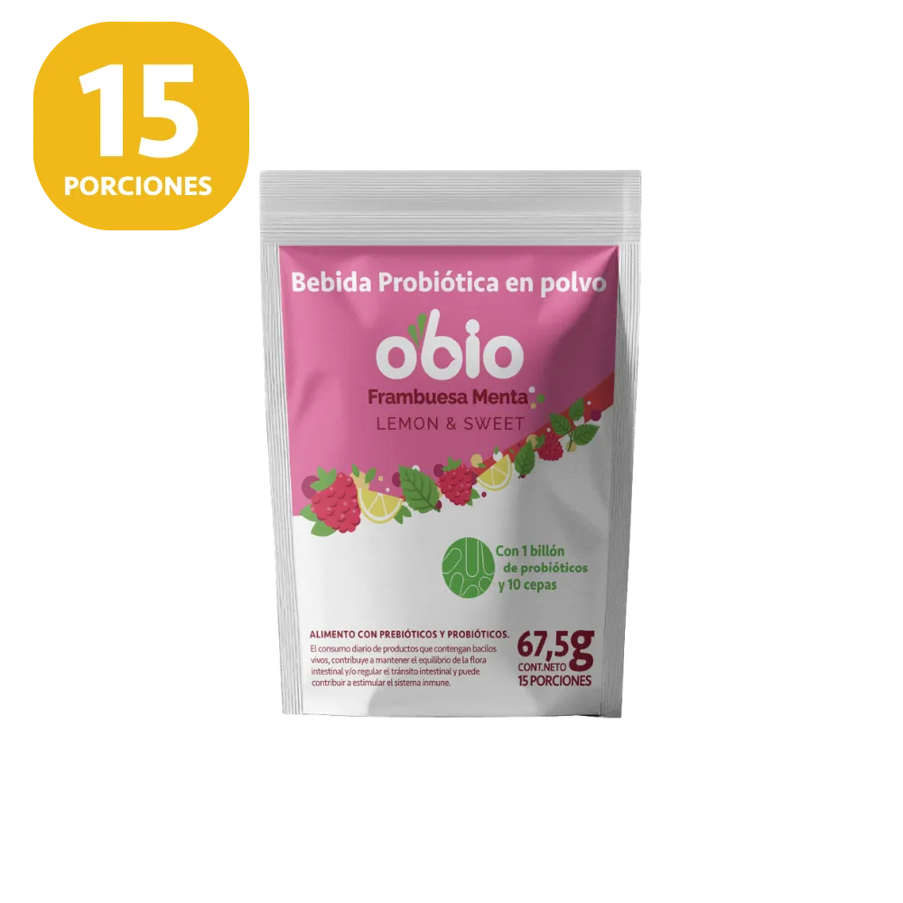 Probióticos + Fibra Prebiótica OBIO: Sabor Frambuesa Menta (15 Porciones)