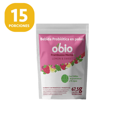 Probióticos + Fibra Prebiótica OBIO: Sabor Frambuesa Menta (15 Porciones)
