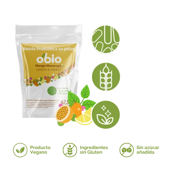 Probióticos + Fibra Prebiótica OBIO: Sabor Mango Maracuyá (15 Porciones)