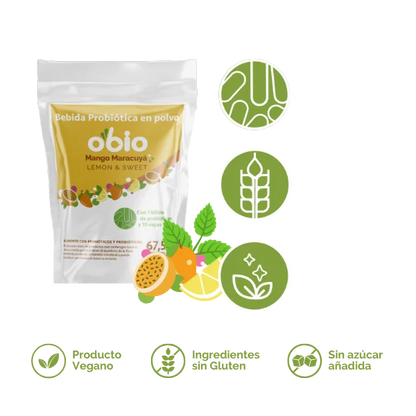Probióticos + Fibra Prebiótica OBIO: Sabor Mango Maracuyá (15 Porciones)