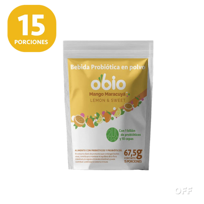 Probióticos + Fibra Prebiótica OBIO: Sabor Mango Maracuyá (15 Porciones)