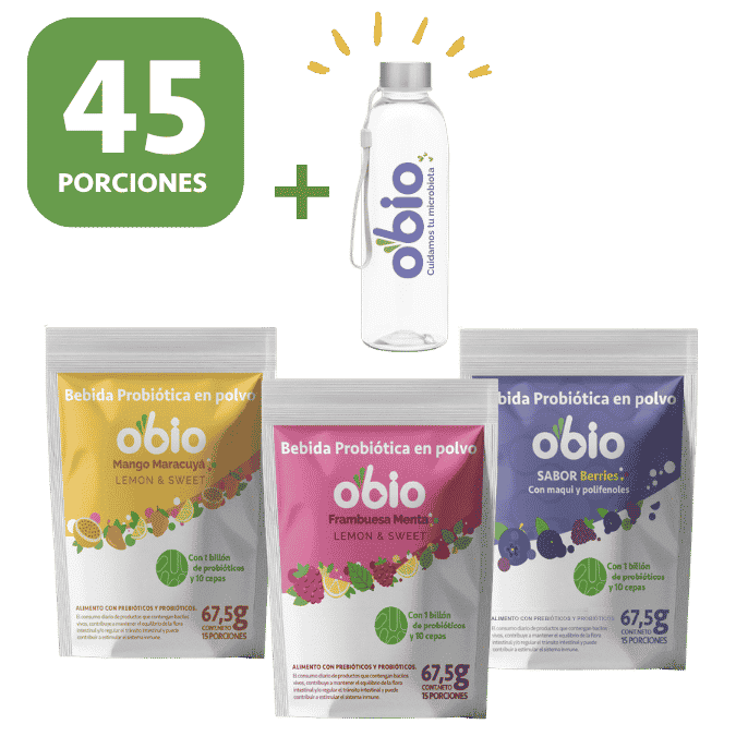 Pack Probióticos + Fibra Prebiótica OBIO: Plan 45 Días+ Botella 650cc