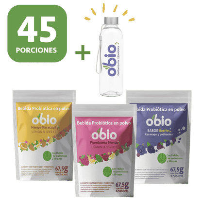 Pack Probióticos + Fibra Prebiótica OBIO: Plan 45 Días+ Botella 650cc