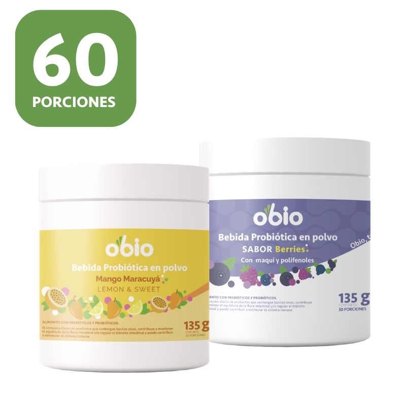 2-Pack Probióticos + Fibra Prebiótica OBIO: Berries & Tropical (60 Porciones)