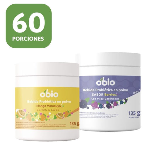 2-Pack Probióticos + Fibra Prebiótica OBIO: Berries & Tropical (60 Porciones)