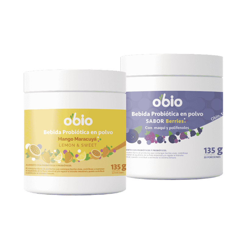 2-Pack Probióticos + Fibra Prebiótica OBIO: Berries & Tropical (60 Porciones)