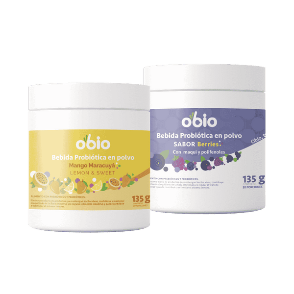 2-Pack Probióticos + Fibra Prebiótica OBIO: Berries & Tropical (60 Porciones)