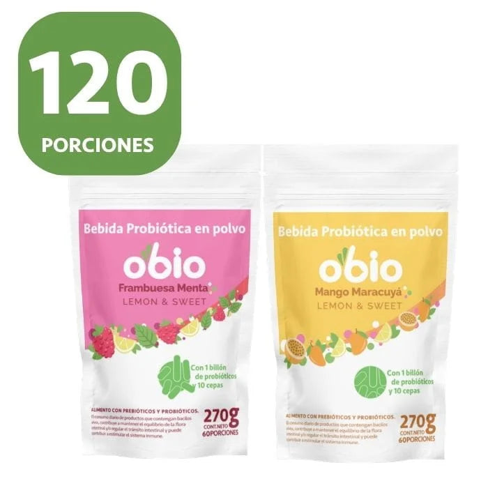 Pack Recarga Probióticos + Fibra Prebiótica OBIO: Mango y Frambuesa (120 Porciones)