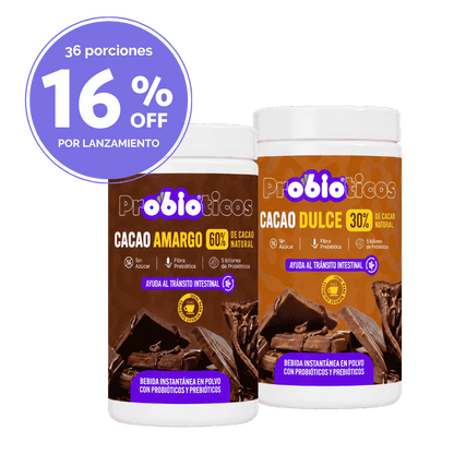 Probióticos + Fibra Prebiótica OBIO: Pack Dúo Cacao (36 Porciones)
